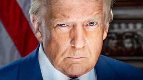 Official presidential portrait of Donald Trump in a blue suit