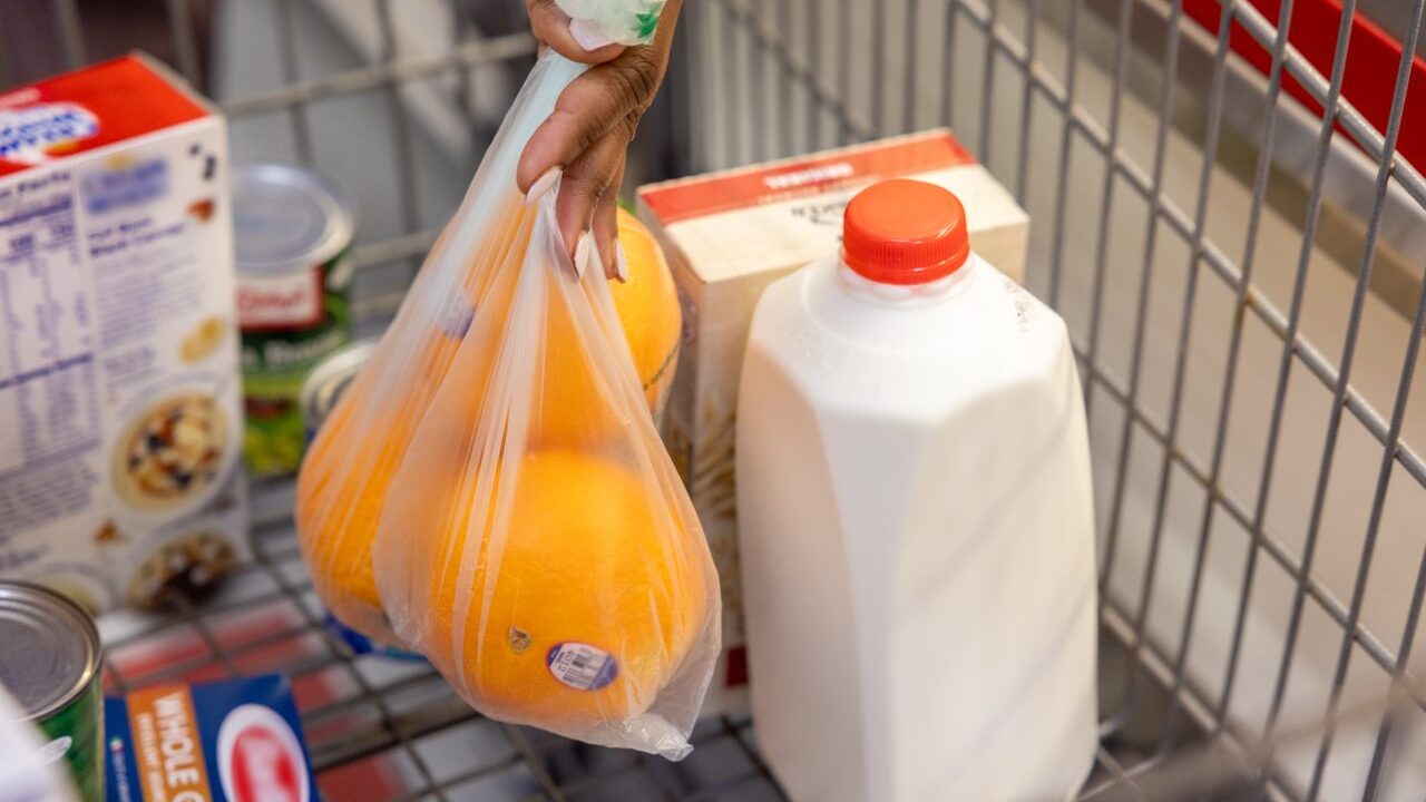 Grocery cart with fresh produce milk and pantry staples