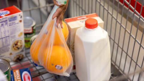 Grocery cart with fresh produce milk and pantry staples
